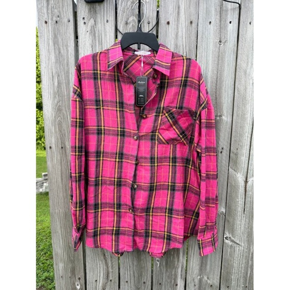 Plaid Fantaslook Button Down Women L Pink Flannel Style Long Sleeve Shacket